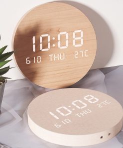 Horloge digitale murale ronde en bois