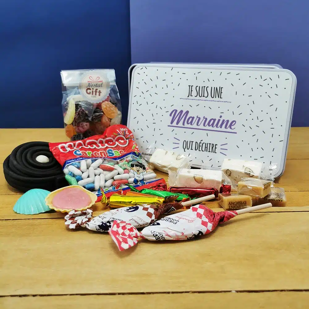 Coffret bonbons des années 60 “Marraine qui déchire” (Boîte en métal)