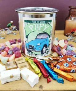 Alternative view of Coffret bonbon ancien : Boîte de conserve remplie de bonbons “Pour un super papy”